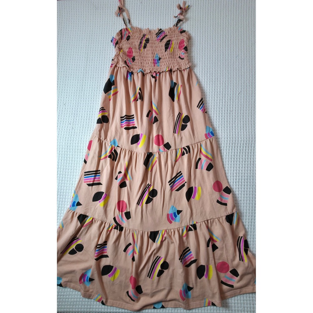 Unbranded Abstract Print Maxi Dress Womens Medium Peach Tiered Smocked Fair Boho